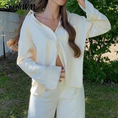 SpotLtWM Cotton Solid Women Suits Fashion Loose Tracksuit Long Sleeve Turn Down Collar Shirt And High Waist Trousers 2 Piece Set