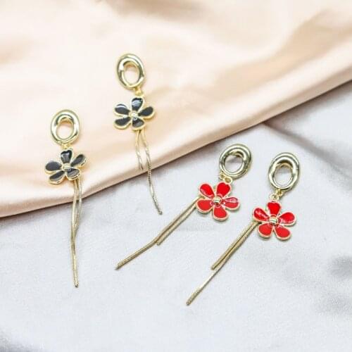 Origin Summer Elegant Black Red Color Flower Long Tassel Earring Summer Bohemia Enamel Floral Hanging Dangle Earrings Pendientes