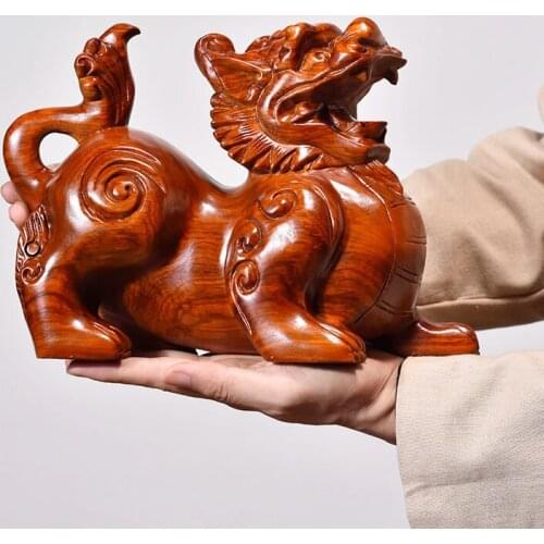 A PAIR # Large GOOD HOME SHOP efficacious Mascot lucky Auspicious Money ZHAO CAI PI XIU Handmade Rosewood Wood carving statue