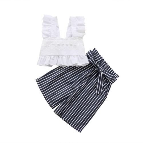 Striped Lace Toddler Kids Baby Girls Party Crop Tops Pants Outfits Set Clothes