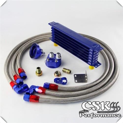 7 Row 262mm AN10 Universal Engine Transmission Oil Cooler Trust Type + Filter Adapter Kit Blue