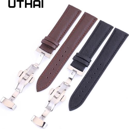 UTHAI B01 Genuine Leather Watchbands 12-24mm Universal Watch Butterfly buckle Band Steel Buckle Strap Wrist Belt Bracelet + Tool
