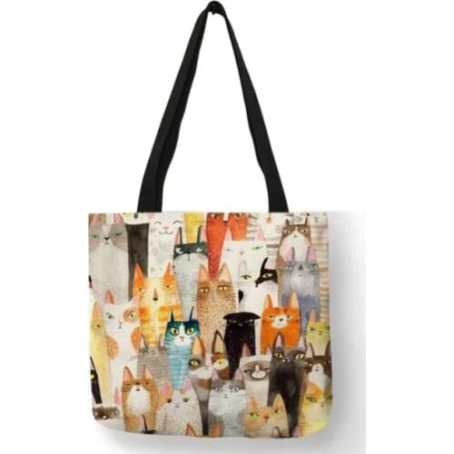 YLWHJJ brand Artistic Cats Print Linen Tote Bag Cute Cat Printing Women Handbag Linen with Print Logo Casual Traveling Beach Bag