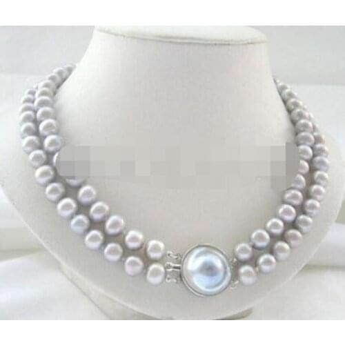 2row 17-18" 9-10mm gray round freshwater pearl necklace -blister Mabe pearl