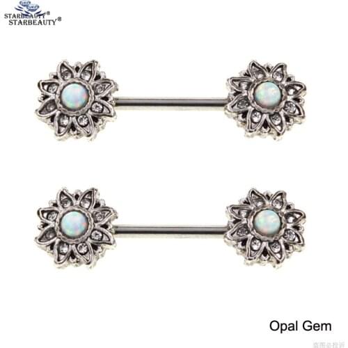 2 pcs/lot Luxury White Opal Nipple Ring 14G Nipple Piercing Nipple Rings Retro Flower Stainless Steel Helix Pircing Body Jewelry