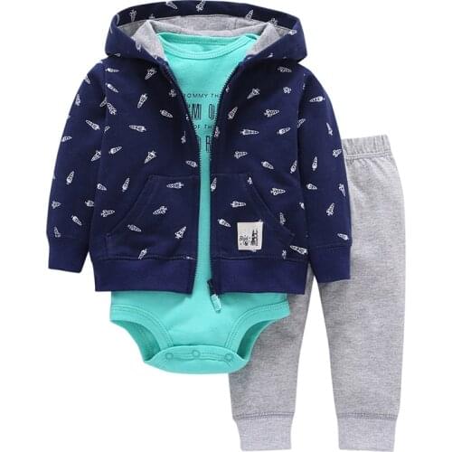 Baby boy clothes rockets print tracksuit hooded coat +Long sleeve romper+pants clothing set 2019 3pcs baby girl spring costume