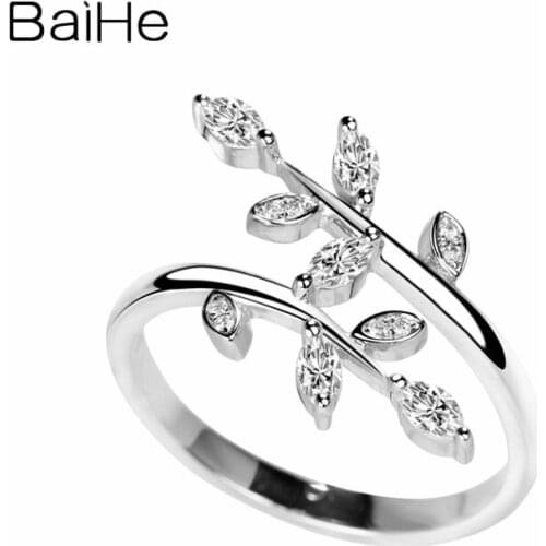 BAIHE Solid 14K White/Yellow Gold About 0.40ct H/SI Round+Marquise Natural Diamonds Wedding Band Trendy Fine Jewelry leaves Ring
