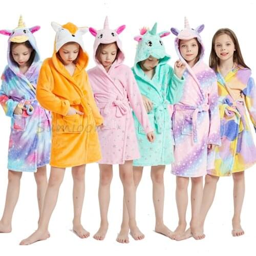 Winter Kids Bathrobe Animal Cartoon Fox Unicorn Bath Robe Cute Hooded Bathrobes For Children Flannel Pajamas Boys Girls Robes