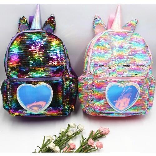 Girls Sequins Mermaid Backpack Children Large Zipper Unicorn Schoolbag Teenager Hologram Heart Love Backpack For School Travel B