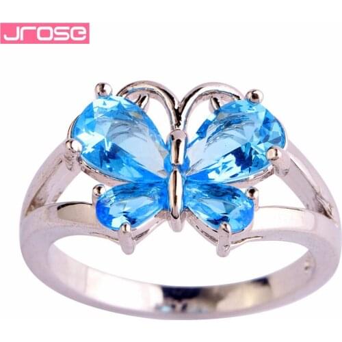 JROSE Wholesale Shiny Beautiful Butterfly Silver Jewelry Blue CZ Silver Color Ring Size 6 7 8 9 10 11 Women Classic Pretty Gift