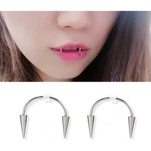 2Pcs 16g Spike Lips Hoop Rings Vampire Teeth Surgical-Steel Spiked Body Jewelry E56F