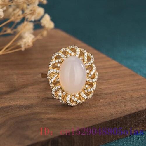 White Jade Ring Charm Gifts Chalcedony Zircon Men Jewelry 925 Silver Natural Gemstone Amulet Women Crystal Fashion