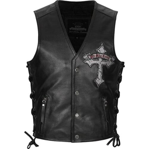 Leather Mens Genuine Motorbike Motorcycle Biker Waistcoat Side Laced Black Vest Skull Embroidery Patch Cowhide Sleeveless Jacket
