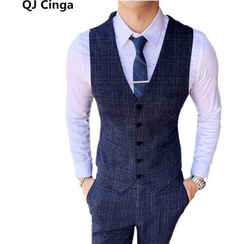 Blue Stripe Plaid Suit Pants and Vest Men 2 Piece Set Business/Wedding/Party Trousers+Vests Spring/Autumn Waistcoat Pants