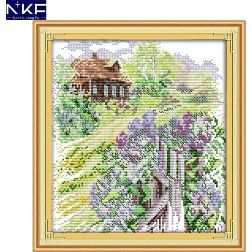 NKF Country Path Chinese Cross Stitch Pattern DIY Kits Needlework Embroidery Counted Cross Stitch Painting for Home Decor