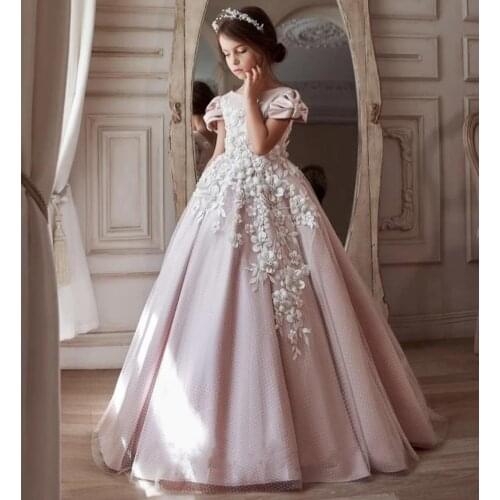 New Pink Dot Tulle Princess A-Line Flower Girl Dress for Wedding Applique Lace Girls First Communion Gowns 1-14Y Props