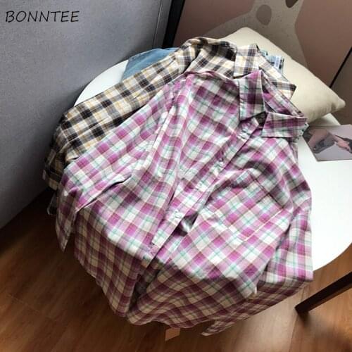 Shirts Women Plaid Classic Vintage Preppy Style Chic Long Sleeve Fashion Retro Leisure All-match High Street Female Students Ins