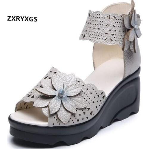 Best Sale Summer Platform Shoes Woman Wedges Sandals Fish Mouth Hollow Genuine Leather Sandals Classic Flower Fashion Sandals