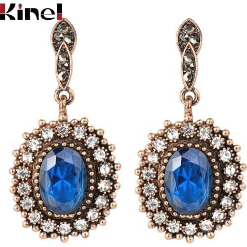 Kinel Hot Big Oval Blue Drop Earring For Women Antique Gold Color AAA Crystal Vintage Engagement Jewelry Wholesale 2018 New