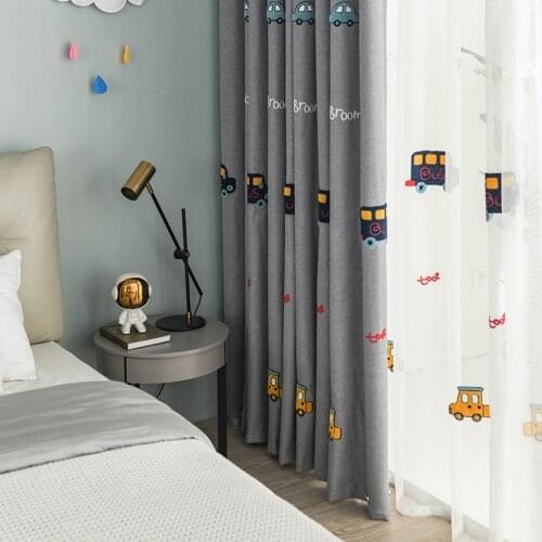 Cartoon car Curtains For children room kids Living Room gray Embroidery Curtains Tulle Bedroom high-end linen curtain