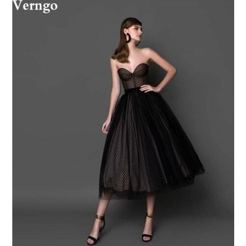 Verngo Modern Black Polka Dotted Tulle Prom Dress Short Sweetheart A Line Tea Length Evening Party Gowns 2021 Formal Dress