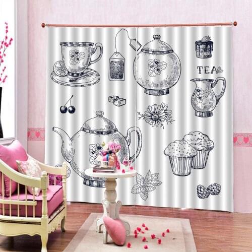 Modern Simple sketch Coffee Bean Kettles and Cupcakes Curtain Large Window For Living Room Bedroom Blackout Drapes Indoor Sets