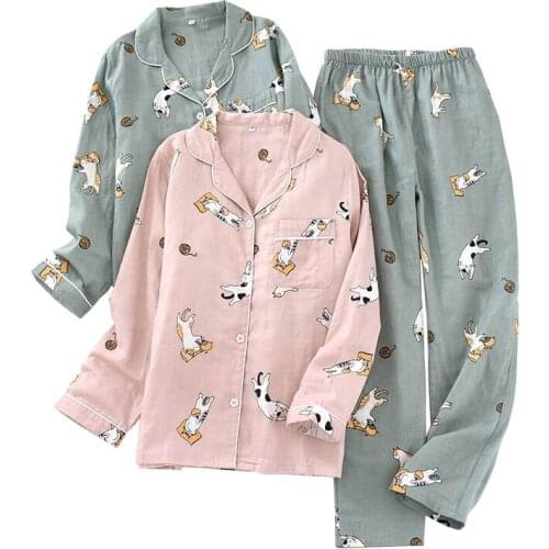 2020 Spring New Ladies Pajamas Set Cute Kitten Printed Comfort Gauze Cotton Full Sleeve Clothes+Pants Women 2pcs Loose Homewear