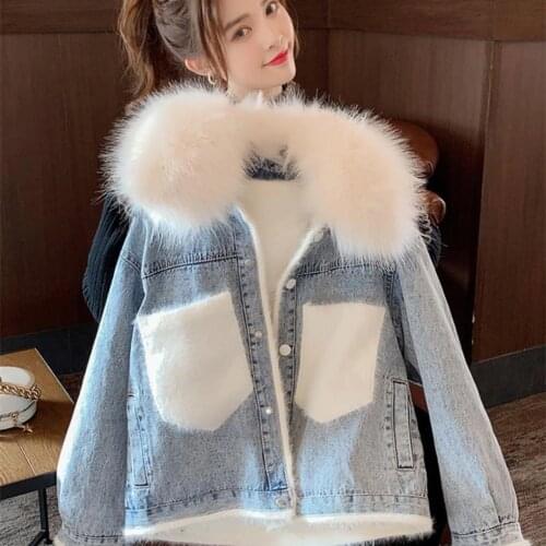 New Fashion Imitation Fox Big Fur Collar Plus Velvet Denim Coat Cotton Jacket Womens Coat Thick Loose Warm Winter Jacket Tide