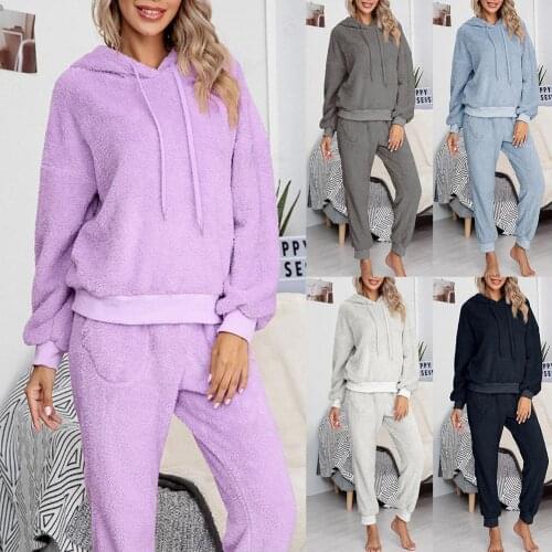 Women Autumn Plush Fluffy Sweatshirt Hoodie Long Pant Trouser Homewear Outfit
