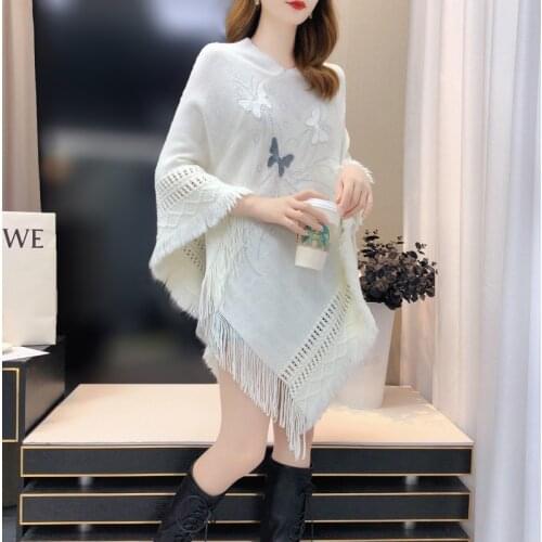 Women Knitted Cape Tops Bat Shirt Tassel Shawl Mid-length Butterfly Sweater Cloak Autumn Winter Korean Fashion Loose Pullover