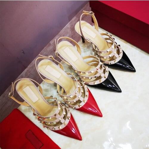 Summer New style fashion women shoes black patent leather spikes rivets strappy pointy toe stiletto stripper High heels sandals