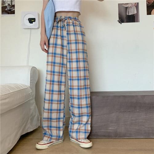 Womens Pants Hong Kong Style Retro High Waist Pants New Loose Korean Plaid Pants Harajuku Dropshipping Streetwear Trousers