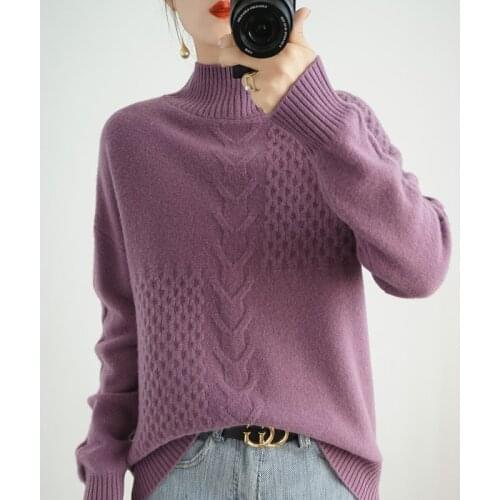 2021 new style 100% wool ladies half high neck pullover sweater long sleeve pure color all-match casual cashmere base sweater