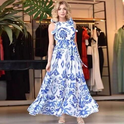 IVY HE New Fashion Runway 2021 Women Summer Maxi Dress Sleeveless Floral Print Tank Vintage Cascading Ruffles Casual Long Dress