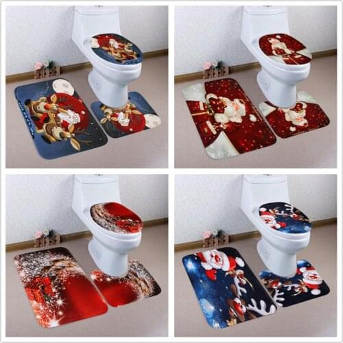 3Pcs/set Bathroom Mat Set Flannel Anti-Slip Kitchen Bath Mat Carpet Bathroom Toilet Rug Washable Merry Christmas
