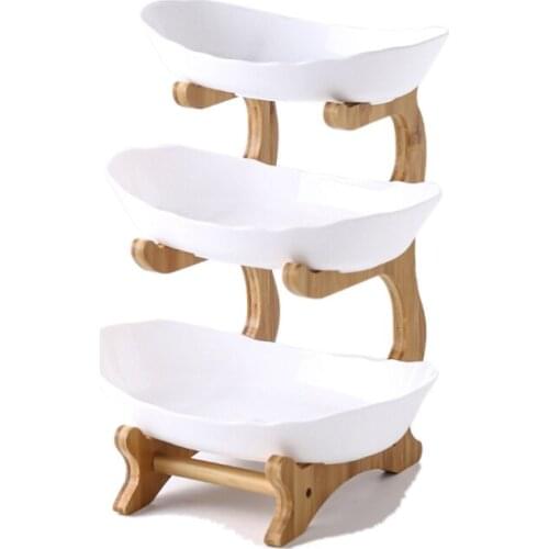 3 Tiers Fruit Plate with Wood Holder Snacks Candy Plate Kitchen Organizer Rack Party Food Serving Display Tray