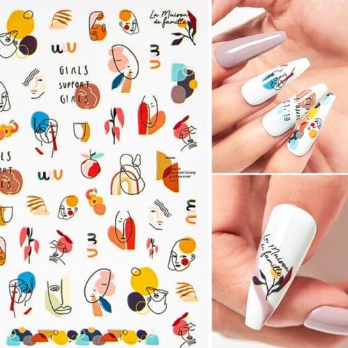 Abstract Face Nail Stickers Flower Leaf Butterfly Letter Color block Decals Gel Polish Sliders Summer Spring Decor