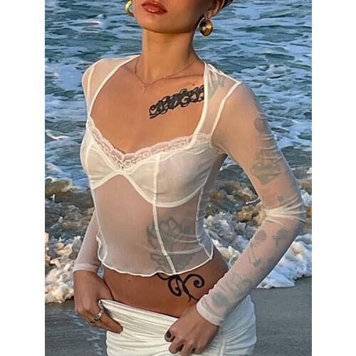 ALLNeon Fashion Y2K Lace Trim Mesh Crop Tops 90s Aesthetics Patchwork Square Neck Long Sleeve White Sexy Tees Summer T-shirts