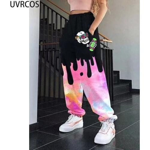 UVRCOS Tie Dye Printing Hip Hop Pants Women High Waist New Fashion 2021 Pockets Elastic Waist Painted Hot Streetwear Long Pants