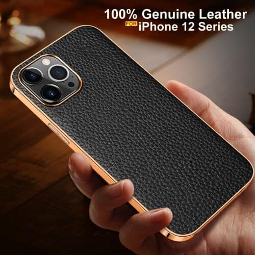 Genuine Leather case for iphone 12 pro max case luxury Electroplated soft bumper case for iphone 12 mini 11 pro max back cover
