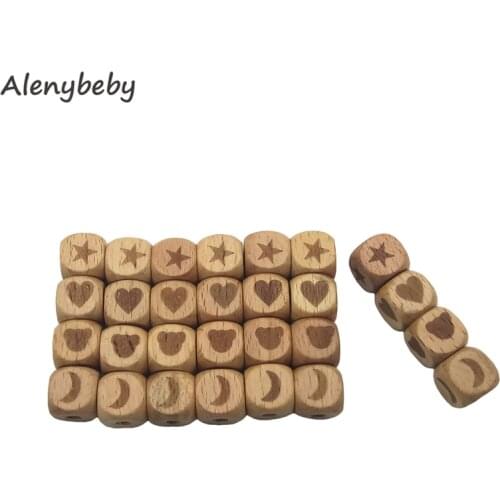 Baby Teether 12mm Wood Beads Printed Heart Star Bear Food Grade Wooden Teether DIY Necklace Teething Toys Baby Product