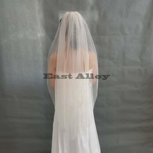 Crystal White Bridal Veil One Layer Beaded Edge Wedding Veils Fingertip, Floor Chapel long bridal veil with comb