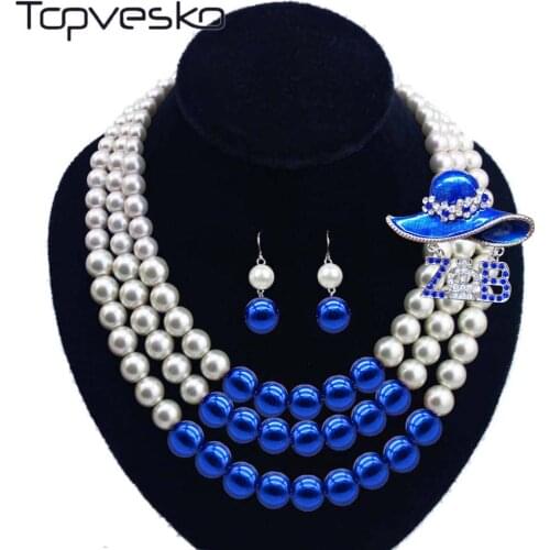 Women Three Strands Zeta Bule beaded Pearl Necklace Earring Jewelry Set