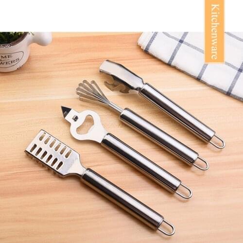 Stainless steel kitchen tools include bottle opener, fish scale removal, vegetable and fruit peeler, tray lifter, cleaning tool