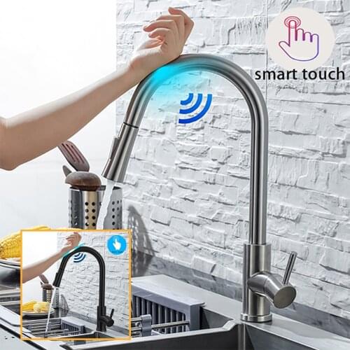 Kitchen Faucet Pull Out Brushed Nickle Sensor Stainless Steel Black Smart Induction Mixed Tap Touch Control Sink Tap