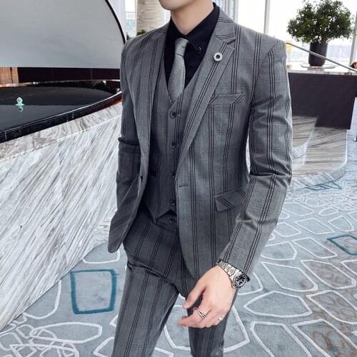 Jacket + Vest + Pants ) 2021Luxury Men Suit Fashion Striped Slim Male Business Casual Suit 3pcs Set Groom Wedding Dress Tuxedo