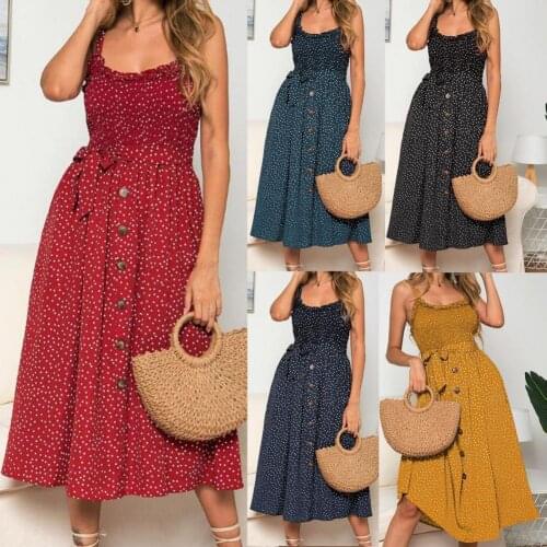 Summer Women Sling Dress Spaghetti Straps Ruffle Polka Dots Print Buttons Low Cut Midi Dress Party Dresses Bodycon Dress Vestido