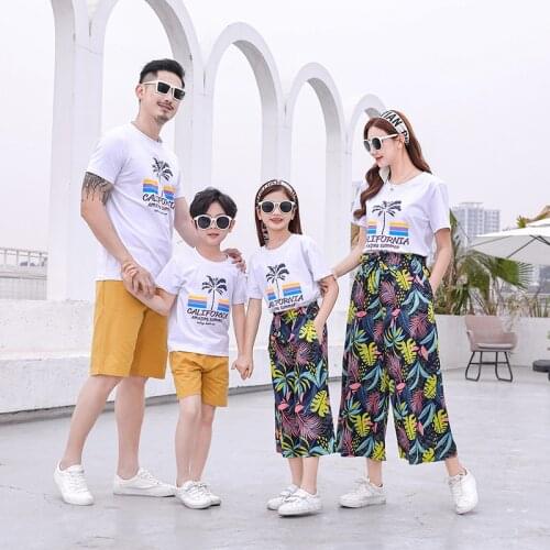 Summer Beach Couple Clothes Family Matching Outfit Short Sleeve Tshirts + Loose Wide Leg Pants Fashion Mother/Father/Kid Sets