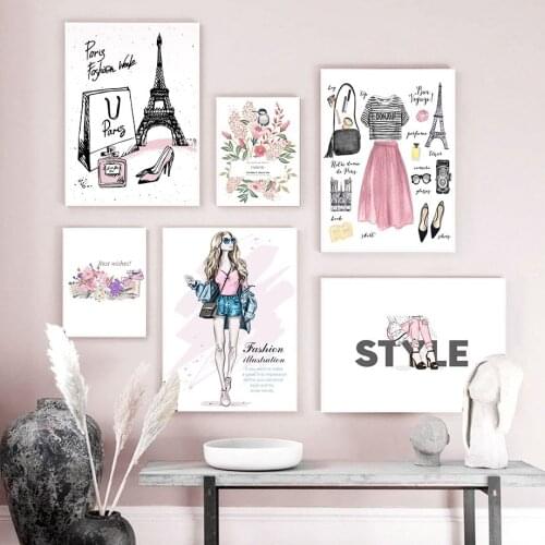 Fashion Girl Flower Perfume Paris Tower Wall Art Canvas Painting Nordic Posters And Prints Wall Pictures For Living Room Decor