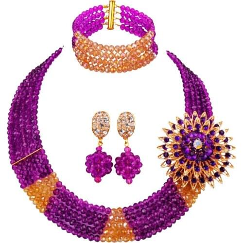 Folk Purple Champagne Gold AB Nigerian Women Wedding Beads Necklace Women Crystal Jewelry Set Wholesale Price 5C-SJ-12
